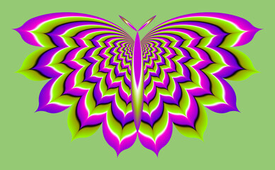 Green, pink and purple butterfly. Motion illusion.