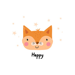 Happy lettering. Vector print with baby fox. Cute cartoon character fox. Print for kids. - 475260785