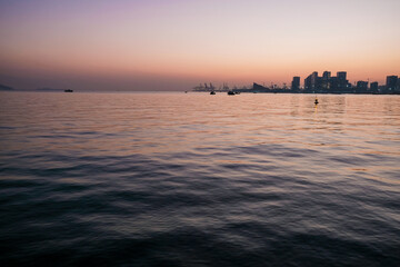 Fototapeta premium Silhouette of boat pier before sunset