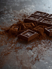 close-up pieces of chocolate with cocoa powder on dark background