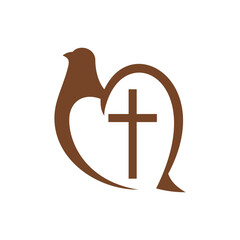 Crucifix and dove christianity religion vector icon. Christian catholic cross and pigeon bird symbol isolated on white background, religious emblem of peace
