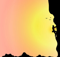 Man climbing rock mountains with clear sky view at dusk. rock climbing silhouette background vector illustration