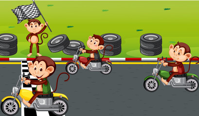 Race track scene with monkeys riding motorcycles