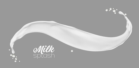 Milk, yogurt or cream isolated white wave splash with drops, vector milky drink splatter swirl. Dairy yogurt pr milk spill flow, realistic 3d background with flowing or pouring yoghurt or milkshake - obrazy, fototapety, plakaty