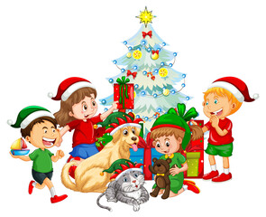 Obraz na płótnie Canvas Children and dogs in Christmas theme