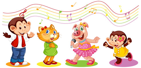Cute animals performance singing with melody symbols