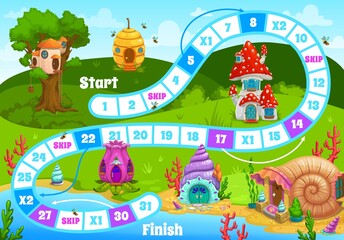 Kids board game with fairy elf houses and gnome dwellings. Vector boardgame with numbered block step path, beehive, mushroom, snail shell and flower homes. Walk puzzle for family and children activity