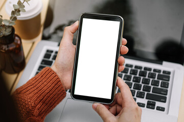 A woman hand holding smart phone device i