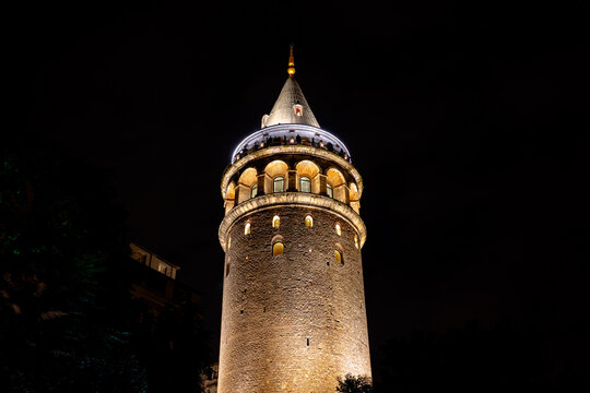 Galata Tower. Galata Tower Isolated On Black Background At Night.