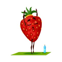 Cartoon strawberry fruit character in yoga exercise, vector berry personage. Funny strawberry making a yoga meditation, healthy fitness food emoticon, fitness, power and energy