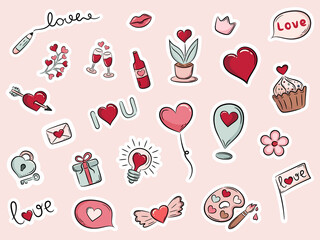 Set of hand drawn Valentine's day  icons isolated on a white background.Valentine's day doodles. Vector illustrations for valentines day, stickers, greeting cards, etc.