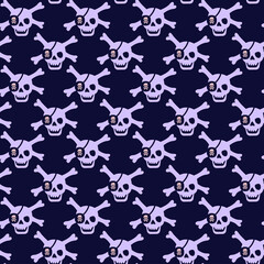 Vector illustration of a seamless pattern with a skull.Pink and purple color. Poster, for printing on textiles, for wall design. Hand-drawn style