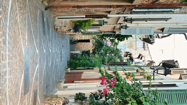Street view of Antibes, France. Narrow street in old town, old traditional buildings, greenery. Vertical view