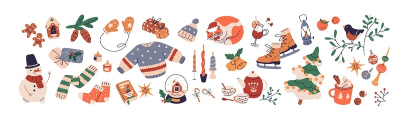 Cozy winter holiday set of Christmas design elements. Cute hygge retro wearing, Xmas ornament, gifts, candles and gingerbread bundle. Colored flat vector illustrations isolated on white background