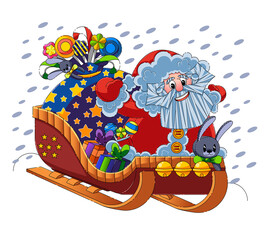 
New Year card. Santa Claus in a sleigh. Father Frost
