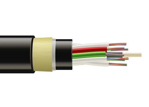 Fiber optic tight cable, broadband speed internet cable. Vector realistic flexible electric copper wires in winding. Network optic tight cable, isolated connection equipment, 3d