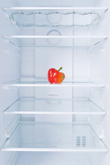 against the background of a white refrigerator, there is a red Bulgarian sweet pepper on a glass shelf