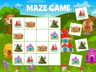Fototapeta premium Sudoku kids maze with cartoon houses flower and acorn, shell, beehive, mushroom and caramel dwellings. Vector riddle worksheet, board game with fairy homes. Educational task, children teaser