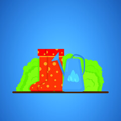 Watering can and boots against the background of bushes. Work in the vegetable garden or garden. Vector illustration. EPS10
