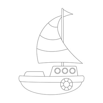 Coloring book pages for kids. Vector black and white contour picture of a cute ship at sea, Sailing vessel.