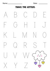 Learning alphabet. Tracing letters. Cute cartoon cloud.