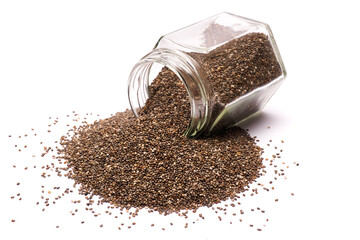 glass can full of organic natural chia seeds close-up isolated on white background