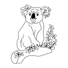 Cute hand drawn koala. Little funny rainforest animal. Australian bear sitting on tropical tree. line sketch. Vector illustration doodle animal. Isolated on white.
