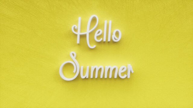 Hello Summer text inscription, summertime holiday, relax, tourism and travel concept, decorative animated lettering, June July August months, 3d render of festive greeting card motion background