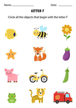 Letter recognition for kids. Circle all objects that start with F.