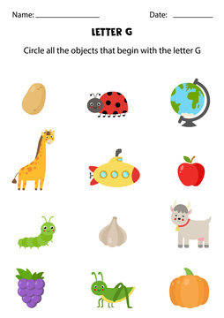 Letter recognition for kids. Circle all objects that start with G.