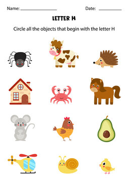 Letter recognition for kids. Circle all objects that start with H.