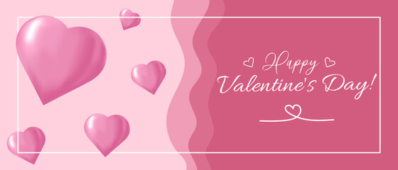 Valentine's Day background. Romance banner in pink colors with the effect of paper layers. 
Horizontal card with pink volumetric hearts. Background for February 14.