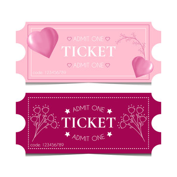Templates 2 tickets for Valentine's Day, International Women's Day, Date, Birthday in pink and cherry colors. 
Romantic invitation cards for a holiday for girls, women for one person.Isolated on white