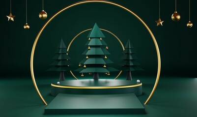 christmas tree of the christmas tree , Podium Merry Christmas , 3D rendering , green tone