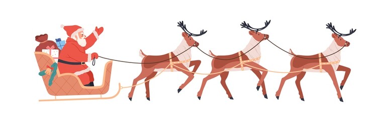 Santa Claus riding Christmas sleigh with reindeers on winter holidays. Xmas character in sleds with gifts. Flat vector illustration of North sledges, deers and presents isolated on white background - obrazy, fototapety, plakaty