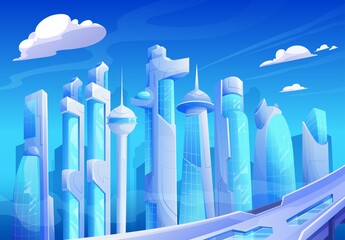 City of the future, futuristic cityscape. Fantasy skyscraper and tower blue glass buildings, metropolis. Vector skyline with road under cloudy sky, urban downtown landscape cartoon background