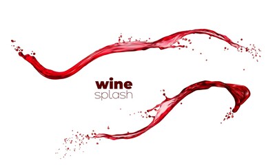 Red wine or juice wave flow with splatters, vector isolated realistic liquid swirl. Red fruit grape or cherry juice and red wine drink spill splash with pink flow wave of flowing sparkling fizzy drops