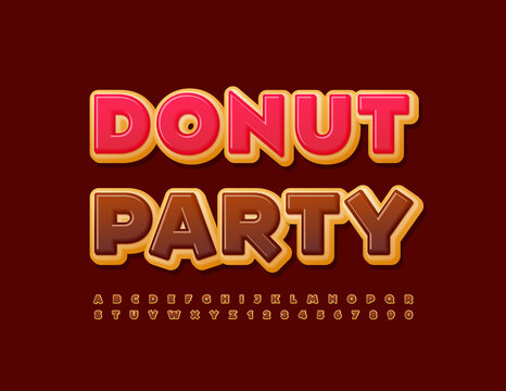 Vector creative banner Donut Party with delicious Alphabet Letters and Numbers set. Decorative tasty Font