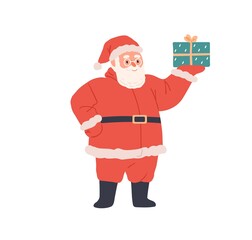 Santa Claus with gift box in hand. Happy bearded character portrait. Old man in red hat and glasses holding Xmas present for winter holidays. Flat vector illustration isolated on white background