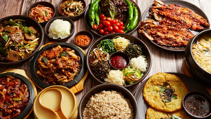 Korean traditional food, stew, bibimbap, traditional alcohol