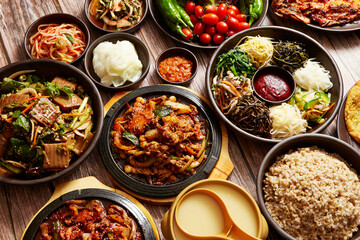 Korean traditional food, stew, bibimbap, traditional alcohol