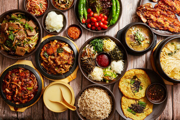 Korean traditional food, stew, bibimbap, traditional alcohol