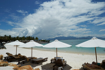 beach with umbrellas and chairs
