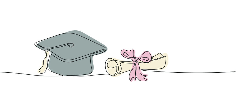 Continuous one line drawing graduation cap with diploma. Concept of study, graduation and degree. Vector illustration
