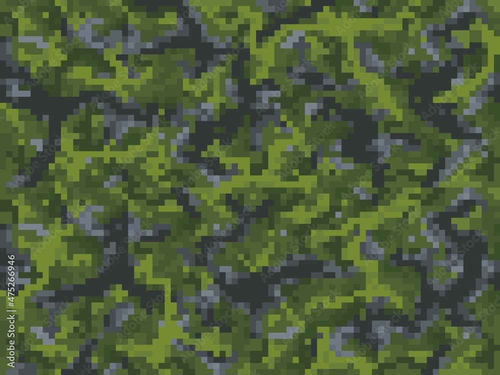 Poster khaki camouflage pixel game cubic background pattern with grass and ground blocks. 8bit pixels or co