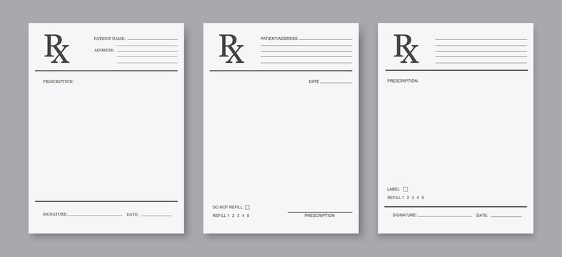 Rx form, pharmacy and hospital vector paper blank sheet, medical prescription. Clinic documents mockup for medications and drugs. Realistic doctor recipe empty page template, healthcare letter mockup