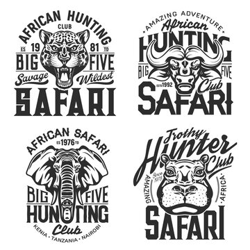 Safari tshirt prints vector hippo, buffalo, cheetah or elephant wild animals. Hunting club mascots, hunter or safari society labels with heads or muzzle for apparel. African animals monochrome emblems