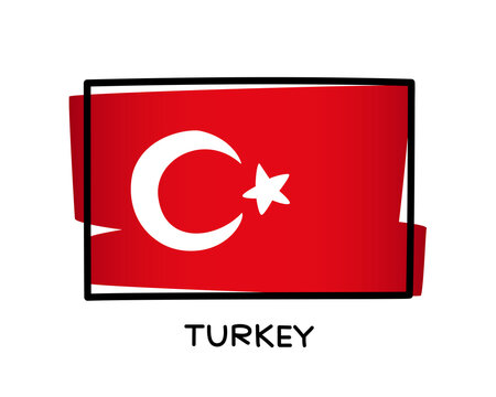 Turkish flag. Turkey flag colorful logo. Hand drawn red and white brush strokes. Black outline. Vector illustration