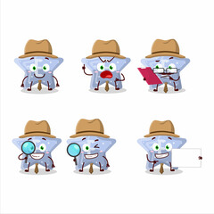 Detective star blue gummy candy E cute cartoon character holding magnifying glass