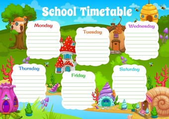 School timetable schedule. Flower and acorn, shell, beehive, mushroom and caramel, nest, stump cartoon houses. Vector kids weekly timetable for lessons, planner frame with fantasy dwellings